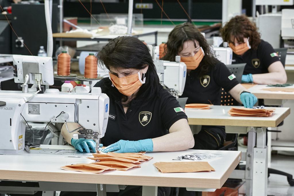 Lamborghini upholstery workers producing surgical masks