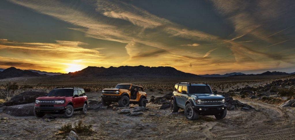 2021 Ford Bronco family. From left to right: Bronco Sport, Bronco two-door, and Bronco four-door. Photo: Ford Motor Company. 