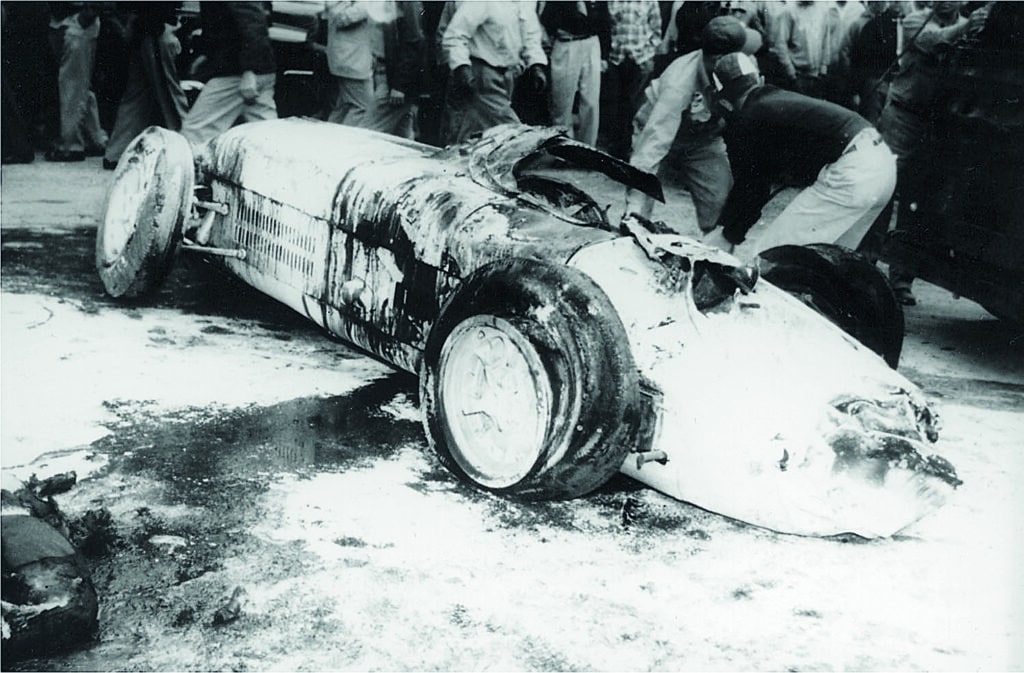 Bill Vukovich wreckage, 1955 Indy 500. From Rapid Response, written by Dr. Stephen Olvey. 