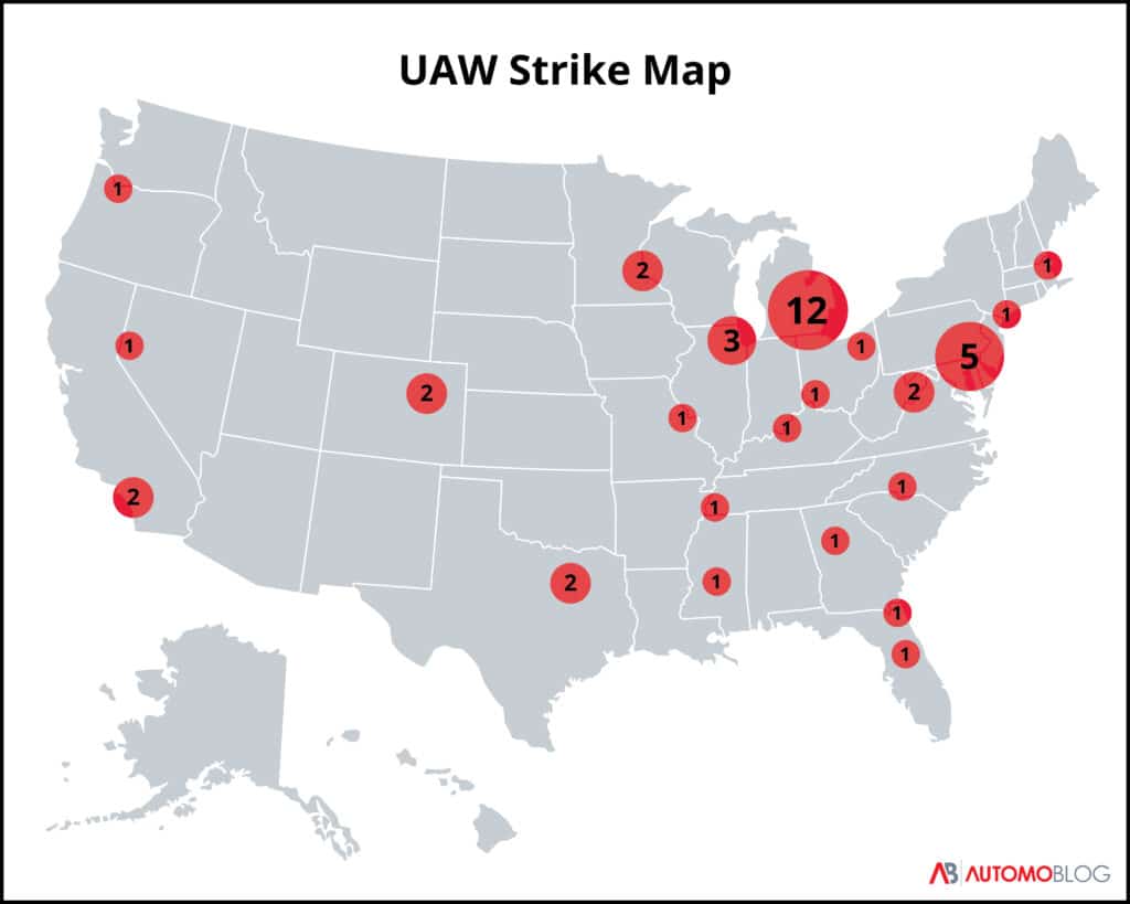 A map of the U.S. showing locations where UAW members have walked off the job